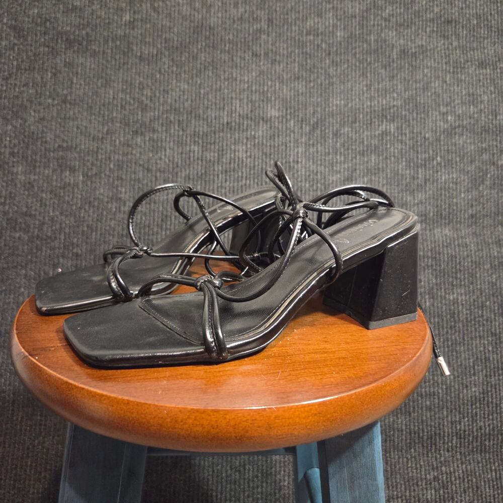 Vivanly Black Strappy Square Toe Black Chunky Heels 2.5" Sz 7 Whimsygoth Lace Up
